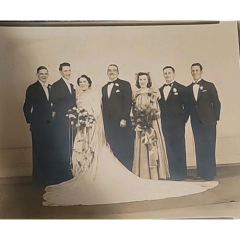 Vintage Wedding Party Photograph Sepia Bride Groom Family 1950s?